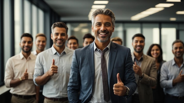 Happy businessman with win gesture standing in front of his colleagues in office