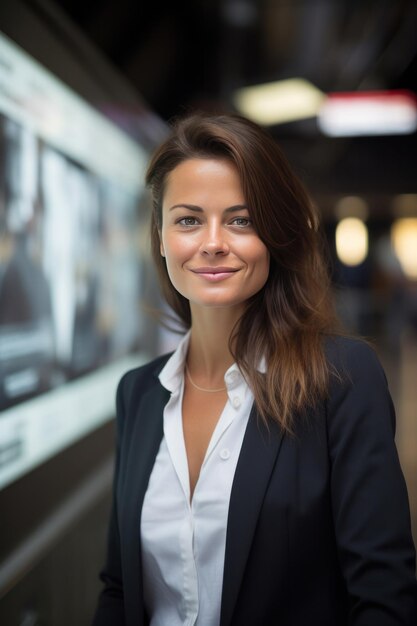 A happy businesswoman in front of information board at train station looking at camera