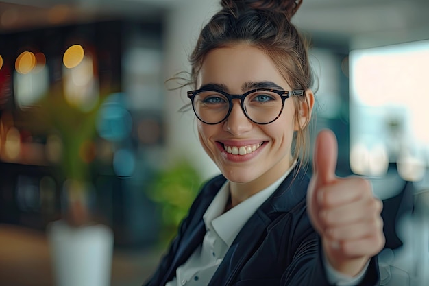 Photo happy businesswoman giving thumbs up with confidence and professionalism