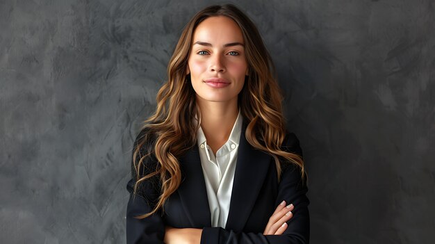 Photo happy businesswoman posing against grey wall group grey wall