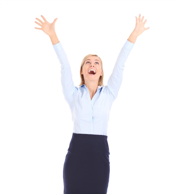 A happy businesswoman showing her joy over white background