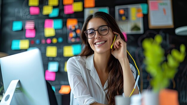 happy businesswoman speaks on the phone with an associate discussing a marketing project Professional woman with a creative and digital marketing background working on a new