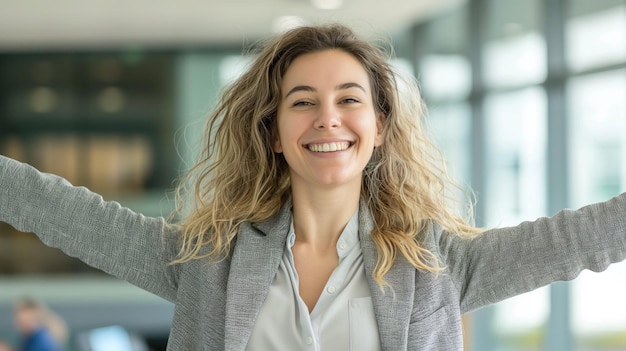 Photo happy businesswoman stretches her arms wide in a welllit office expressing her happiness during a midday break