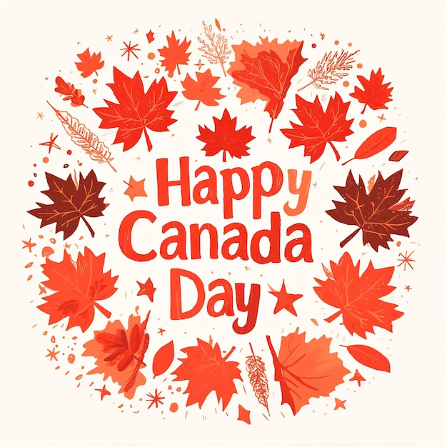 Happy Canada Day greeting card with calligraphy lettering and red maple leaves on white background