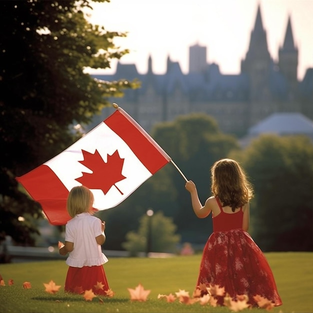 Happy Canada Day Two little girls holding a canadian flag in front of a building