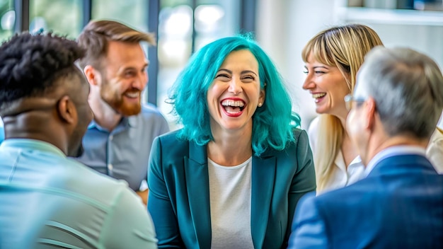 Photo happy candid female employee with teal hair laughing with colleagues in relaxed office team building