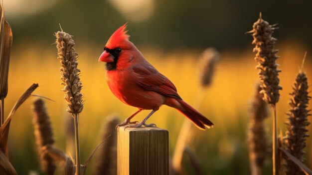 Happy Cardinal Poses On Farm Fence Post With Lush Cornfield Background