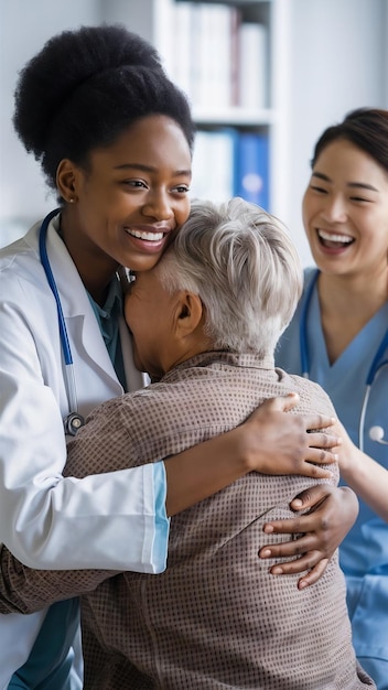 Happy care and face of a doctor with a woman for medical trust healthcare and help