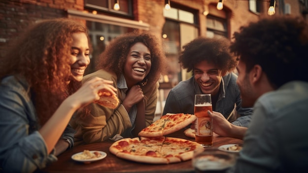 Happy carefree laughing friends are having fun chatting eating delicious pizza in an Italian restaurant