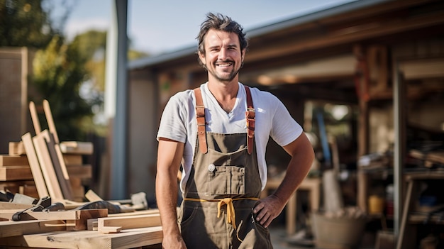 Happy carpenter man in apron Beautiful illustration picture Generative AI