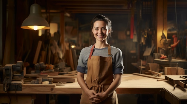 Happy carpenter woman in apron Beautiful illustration picture Generative AI