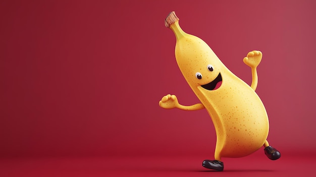 Photo a happy cartoon banana with arms and legs dances on a red background