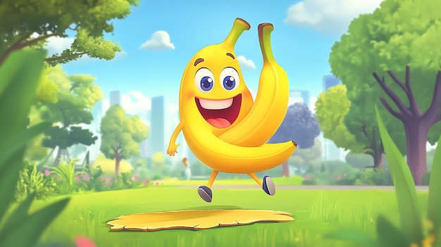 Photo a happy cartoon banana with arms and legs is jumping in a park