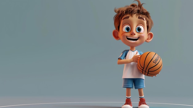 A happy cartoon boy holding a basketball