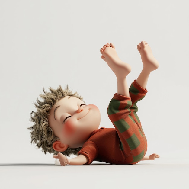 Photo happy cartoon boy lying on his back with his legs in the air