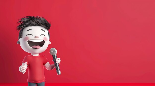 Photo a happy cartoon boy sings into a microphone against a red background