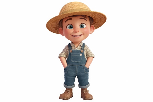 A happy cartoon boy wearing a straw hat and overalls