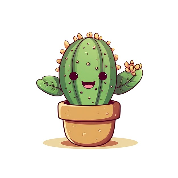 Photo happy cartoon cactus with blooming flowers in a terracotta pot