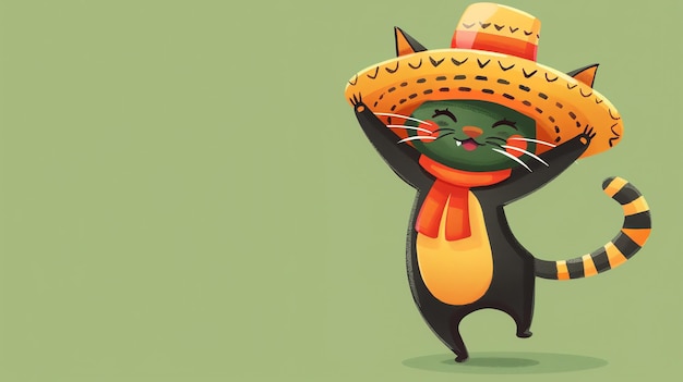 Photo a happy cartoon cat in a sombrero and scarf