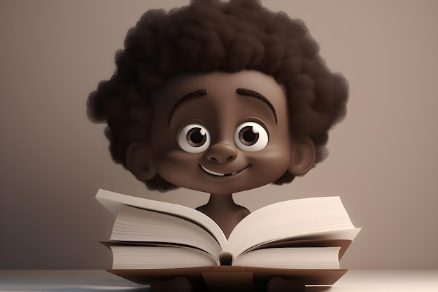 A happy cartoon character boy with a book