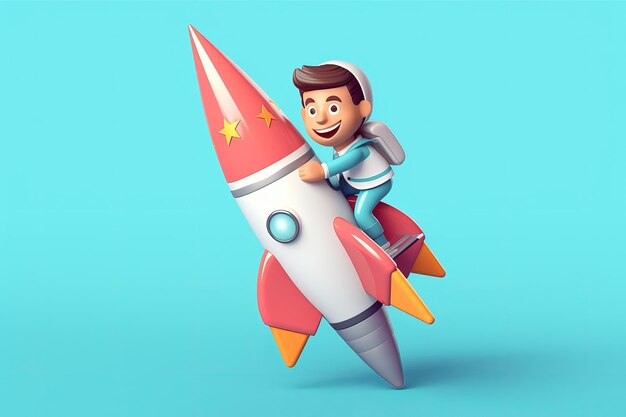 Photo happy cartoon character driving spaceship rocket