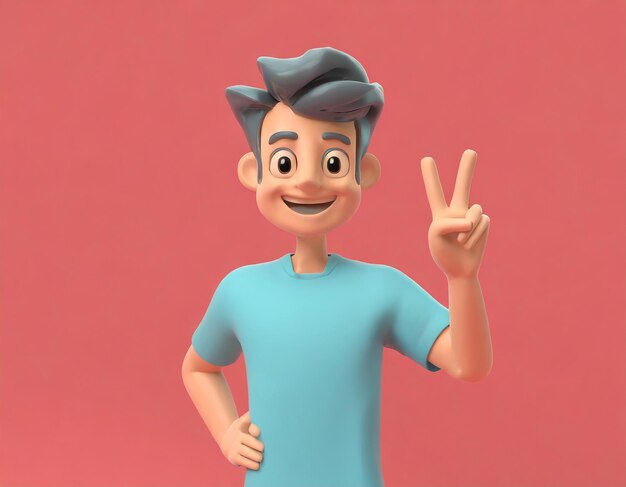 Happy cartoon character man in purple tshirt show victory sign with hand isolated over white background