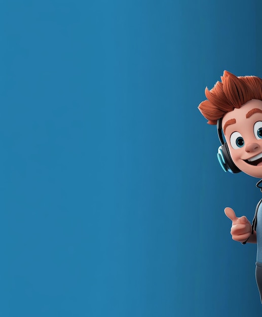 Photo happy cartoon character wearing headset on blue background with copy space