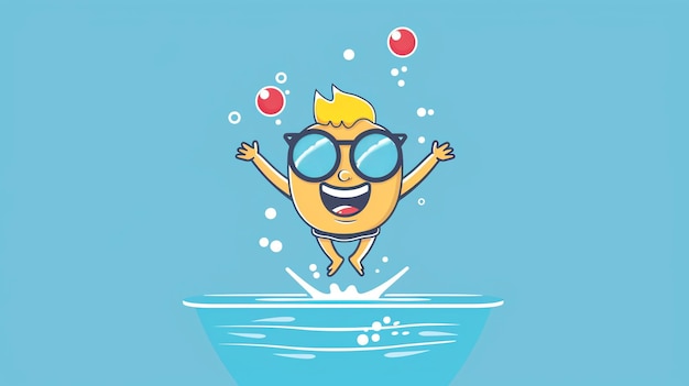 A happy cartoon character wearing sunglasses jumps into a pool