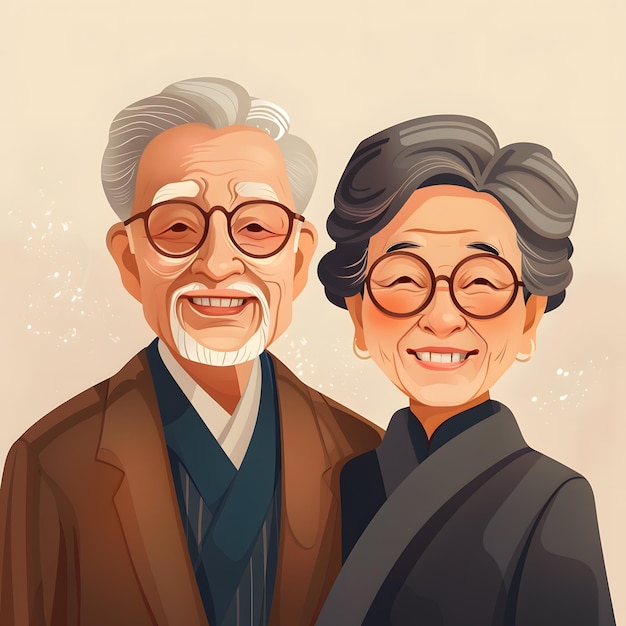 A happy cartoon elderly couple in eyewear smiling with glasses on their noses