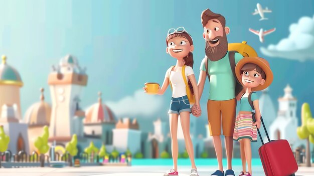 Photo a happy cartoon family a mom a dad and a little girl go on vacation together