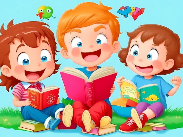 Happy cartoon kids and Books