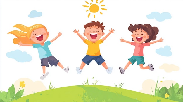 Photo happy cartoon kids jumping under the sun in a bright park perfect for childrens books and education