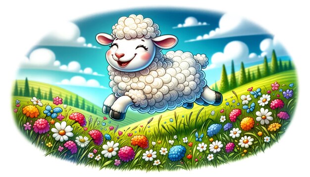 Happy cartoon lamb jumping in colorful flower meadow