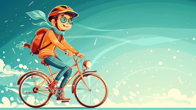 Photo a happy cartoon man is riding a bicycle in the snow he is wearing a helmet glasses and a warm jacket