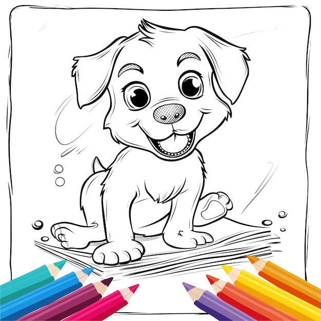 Photo happy cartoon puppy coloring page with vibrant crayons ready for kids