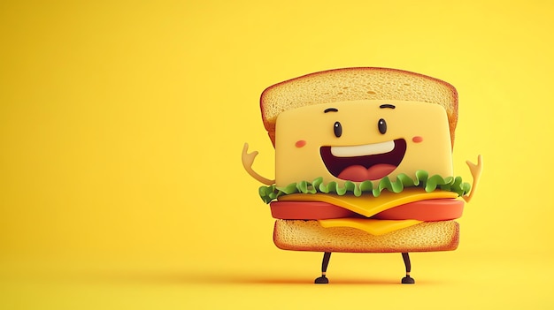 Happy cartoon sandwich with cheese and meat on a yellow background