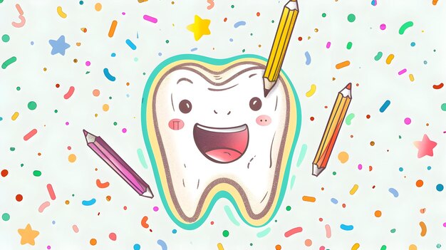 Photo happy cartoon tooth with colored pencil for dental and healthcare branding