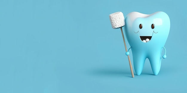 Happy cartoon tooth with a toothbrush on a blue background with copy space Generative AI