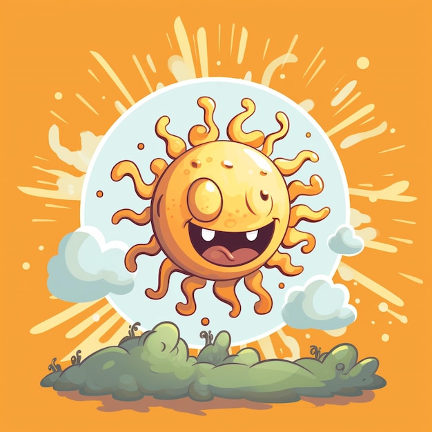 Photo happy cartoon yellow sun character funny cheeky andsmiling ai generative