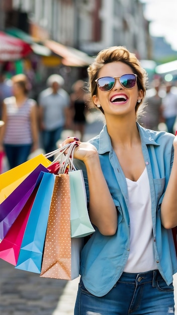 Happy casual woman wearing sunglasses standing and holding colorful shopping bags