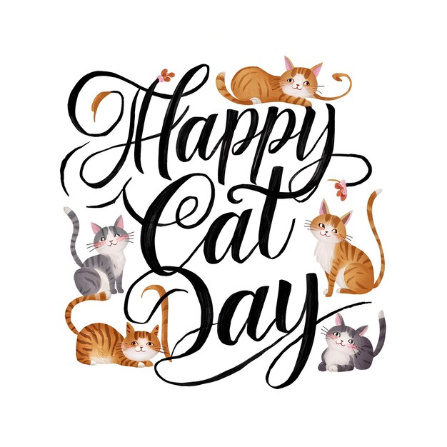 Photo happy cat day typography design illustration with cute cats