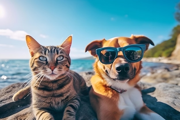 Happy cat and dog with sunglasses on the sea basks in the summer sun on the beach under an umbrella Animal on warm sand surrounded by sea water