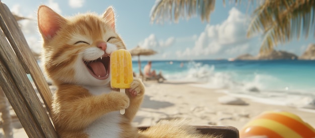 Happy cat enjoying popsicle on sunny beach with palm trees