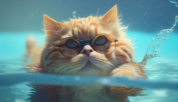 Happy cat having fun at summer holidays in a swimming pool