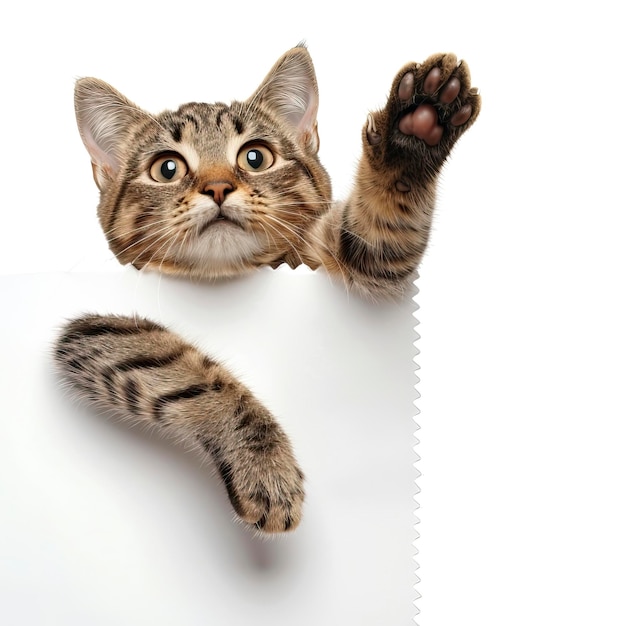 Happy cat peeks out from behind a banner and waving his paw isolated on white background ar 11 style raw Job ID adb4fb09d62f4e4abfa1ab38de181090