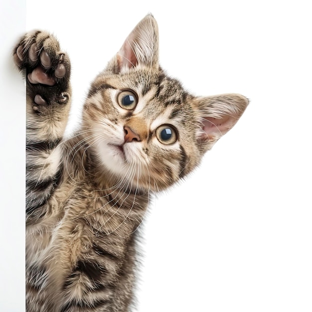 Happy cat peeks out from behind a banner and waving his paw isolated on white background ar 11 style raw Job ID efc97ce47d5e44229cd924224dba0b4f