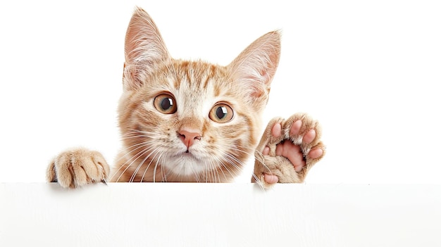 Happy cat peeks out from behind a banner and waving his paw isolated on white background ar 169 style raw Job ID 7fbdb9f15b064cbf811bb1d346fbe67d