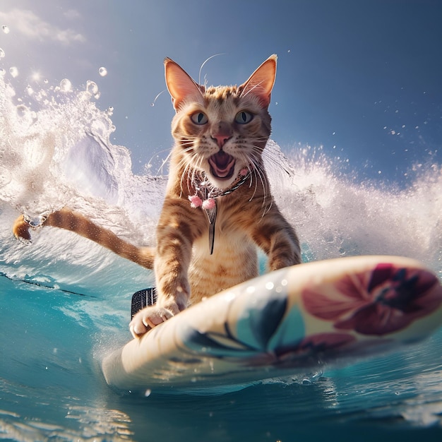 Happy cat surfing on a surf board on ocean wave Summer vacation advertisment Ai generated content