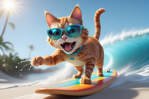 Happy Cat Surfs with Sunglasses