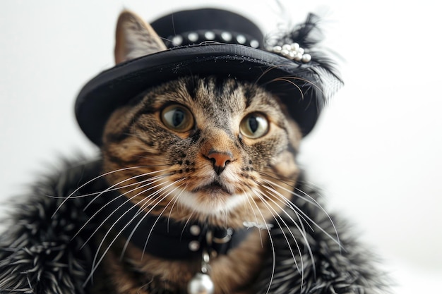 Photo happy cat wearing flapper costumes studio lighting isolated on white background stock photographic style